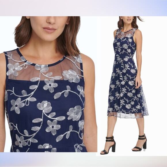 New $160 DKNY Sleeveless Floral Midi Dress Embroidered Tapestry Wedding Cocktail - Picture 1 of 12